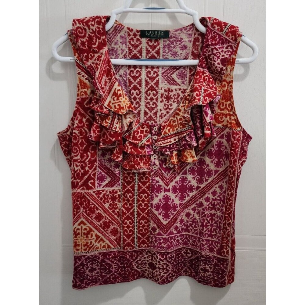Lauren Ralph Lauren Women's Sleeveless Ruffle V Neck Blouse Top Pink Pattern‎ PL
